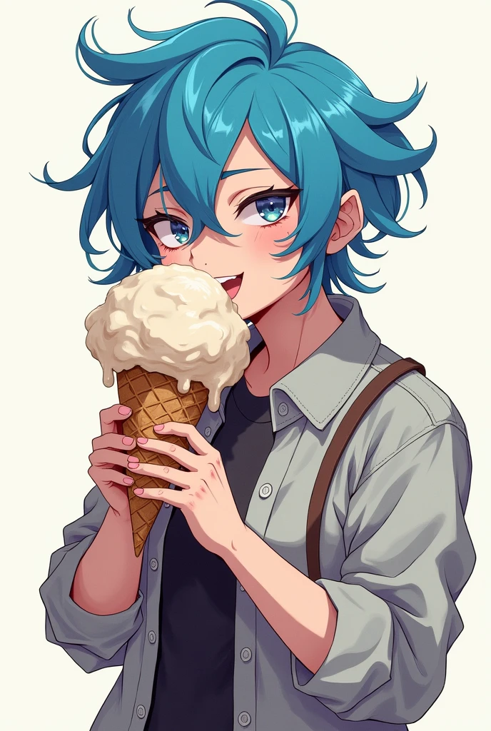 rebellious blue haired anime girl eating a big ice cream
