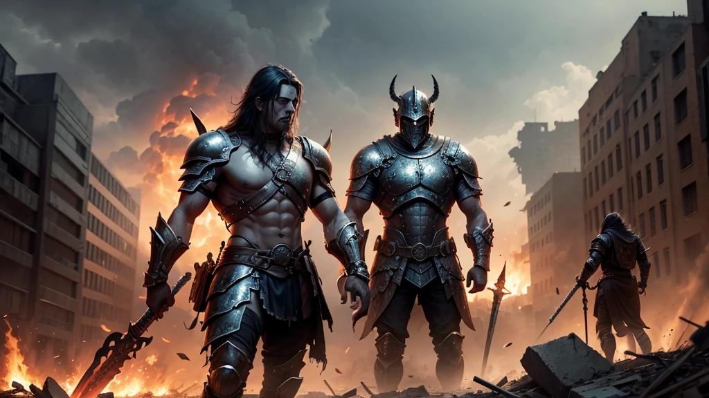 An apocalyptic battle scene, with demons and mythological creatures fighting amidst a ruined city. En el centro de la imagen, a warrior stands out, with steel armor and a flaming sword.