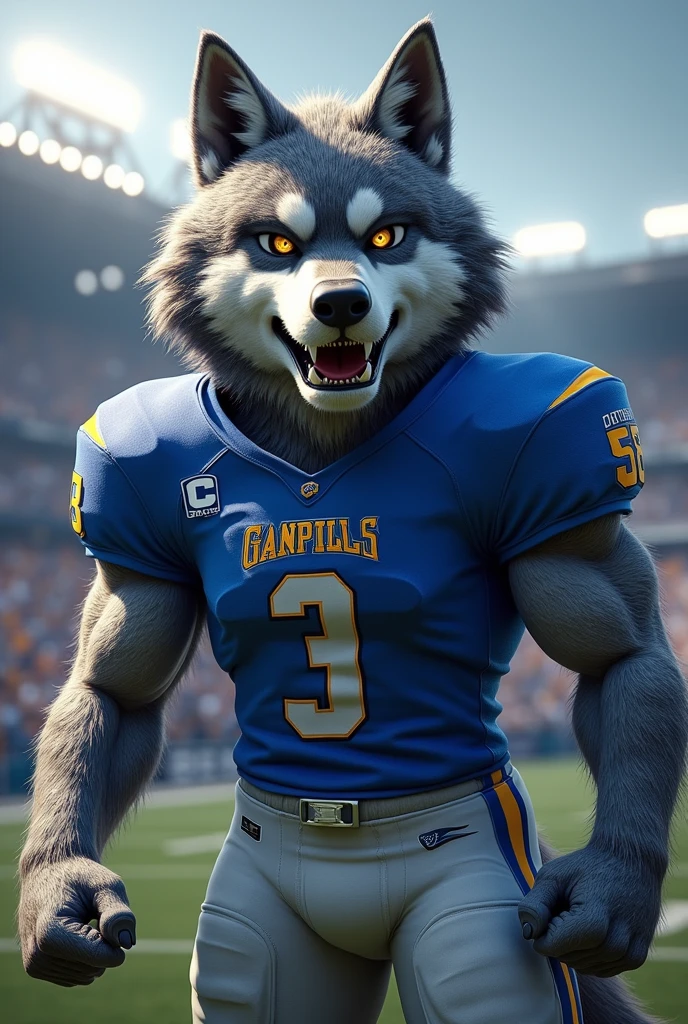 I want a Wolf mascot wearing a blue football shirt 