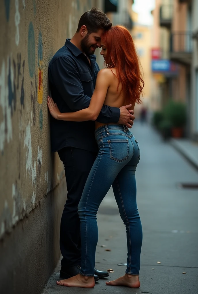 Redhead on the street facing the wall, barefoot, in jeans, Sexy skinny woman. Man hugging woman from behind. 