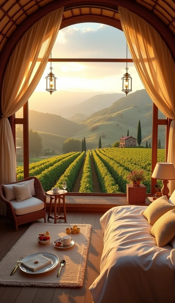 A whimsical bedroom designed like a hot air balloon basket with a view overlooking endless vineyards and rolling hills. Rows of grapevines stretch across the landscape, bathed in golden morning light. The distant hills are dotted with small villas and cypress trees. The room’s design is inspired by a classic hot air balloon interior, with wicker elements, a cozy throw blanket, and a small table set up for breakfast, adding a touch of adventure and elegance.