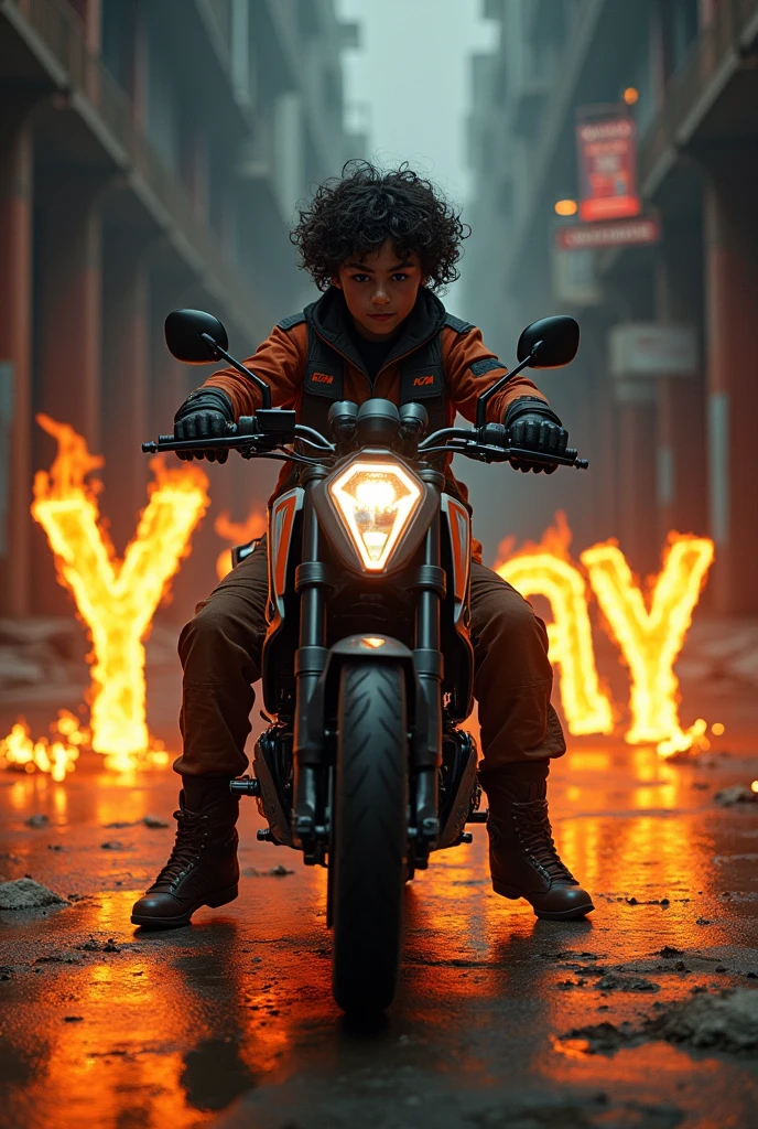 Dark-haired curly-haired boy sitting on a KTM dressed in drill with the phrase Y-Ray written in flames on the concrete