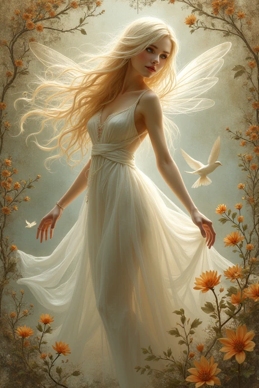Créez un tableau numérique hyper réaliste d'une fée aux cheveux longs et blonds, habillée d'une robe blanche en soie. La fée devrait être dans une pose dynamique, capturée de profil, exsudant une aura surréaliste et fantaisiste. L'arrière-plan est complexe et texturé, avec des fleurs et des oiseaux brodés sur du vieux papier brûlé usé. La scène incorpore les styles artistiques d'Abigail Larson, William Turner et Carne Griffiths, mélangeant leurs approches uniques pour créer une atmosphère vivante, complexe et fantastique.