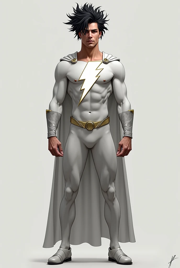Make a Shazam only that instead of the lightning bolt put an A and that the hair on the face is messy and above the eyebrow, that the hair covers the entire forehead and that he is a little thin, not muscular and with the suit in white or black and that the entire body and front are visible