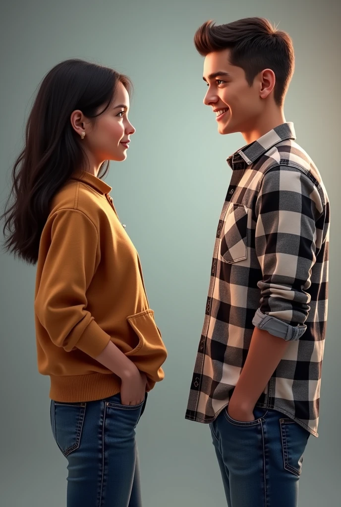 A 2 girl is taking interview of a 2 turkish boy who is handsome , fair , with short hair wearing a check designed shirt and jeans