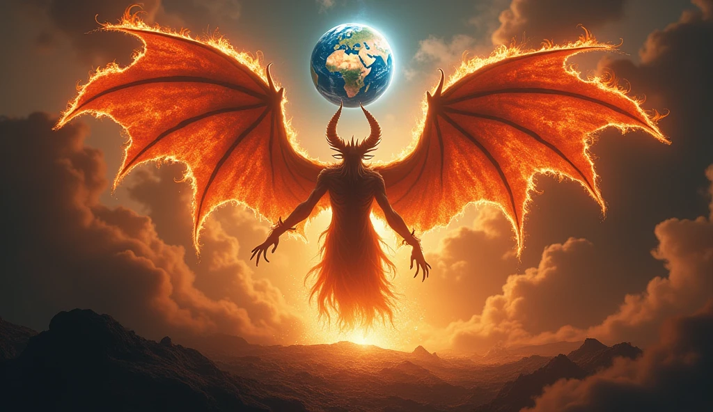 great demon with wings of fire with open arms holding planet earth, biblical story, 4k