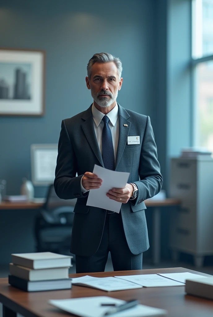 Please draw the package design for a plastic model of a bank clerk.。The model is a male banker wearing a suit.、Wearing a tie and name tag。Model poses at work、deskの前に立って書類を確認している様子です。In the background, part of the office is depicted.、desk、Computer、I can see the file。overall、Make sure your design has a professional and serious feel。The colors are office-like、Based on calm blue and gray、Expressing confidence in the bank