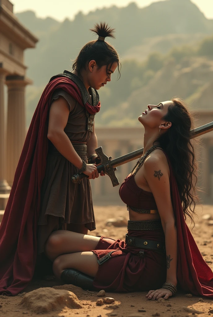 Realism, super quality, action battle photo style, defeated woman standing on her knees, her son is holding the the tip of the sword against woman's throat, stabbing her in the throat, her head is thrown back, woman has large masculine Adam's apple, (woman is a 30-year-old warrior, feminine face, throat cut, gothic makeup, pale skin, long hair) (son is 12-years-old) ancient Greece fight