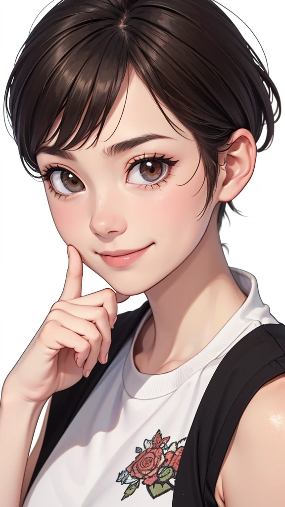 (((masterpiece, best quality, ultra highres, 1 girl, solo, white background))), super detailed skin and face and eyes and finger, beautiful japanese woman, flat breasts:1.5, skinny, light brown hair, very short pixie hair, pixie haircut, knee shot, no background, 2D anime, boyish, Various clothes, Various poses, Various facial expressions, draw the entire character within the frame, ensuring that the head, arms and legs are not cut off, with the character positioned centrally, Laugh, get angry, get sad, smile,