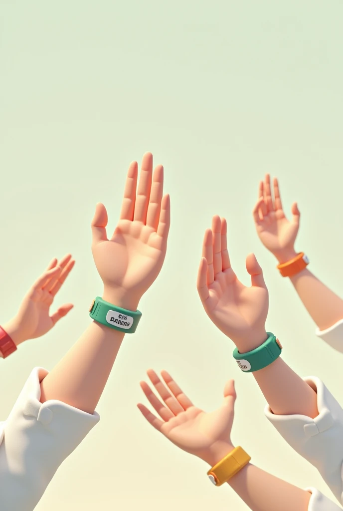 4 animated hands, with patient identification bracelets, red in color, green, Orange and yellow, one in each hand
