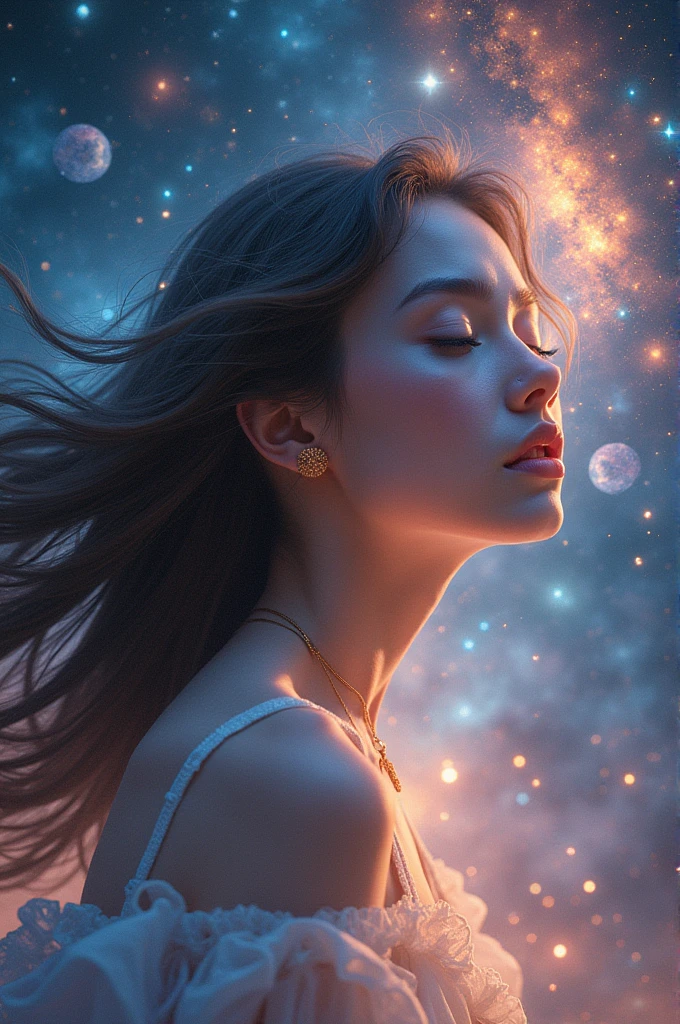High Detail, Super Detail, Ultra-high resolution, Girl enjoying time in fantasy galaxy, Surrounded by stars, The warm light shines on her, Background is starry sky，There are colorful galaxies and galaxy clouds, Stars flew around her, Delicate face, Add a fun atmosphere , 