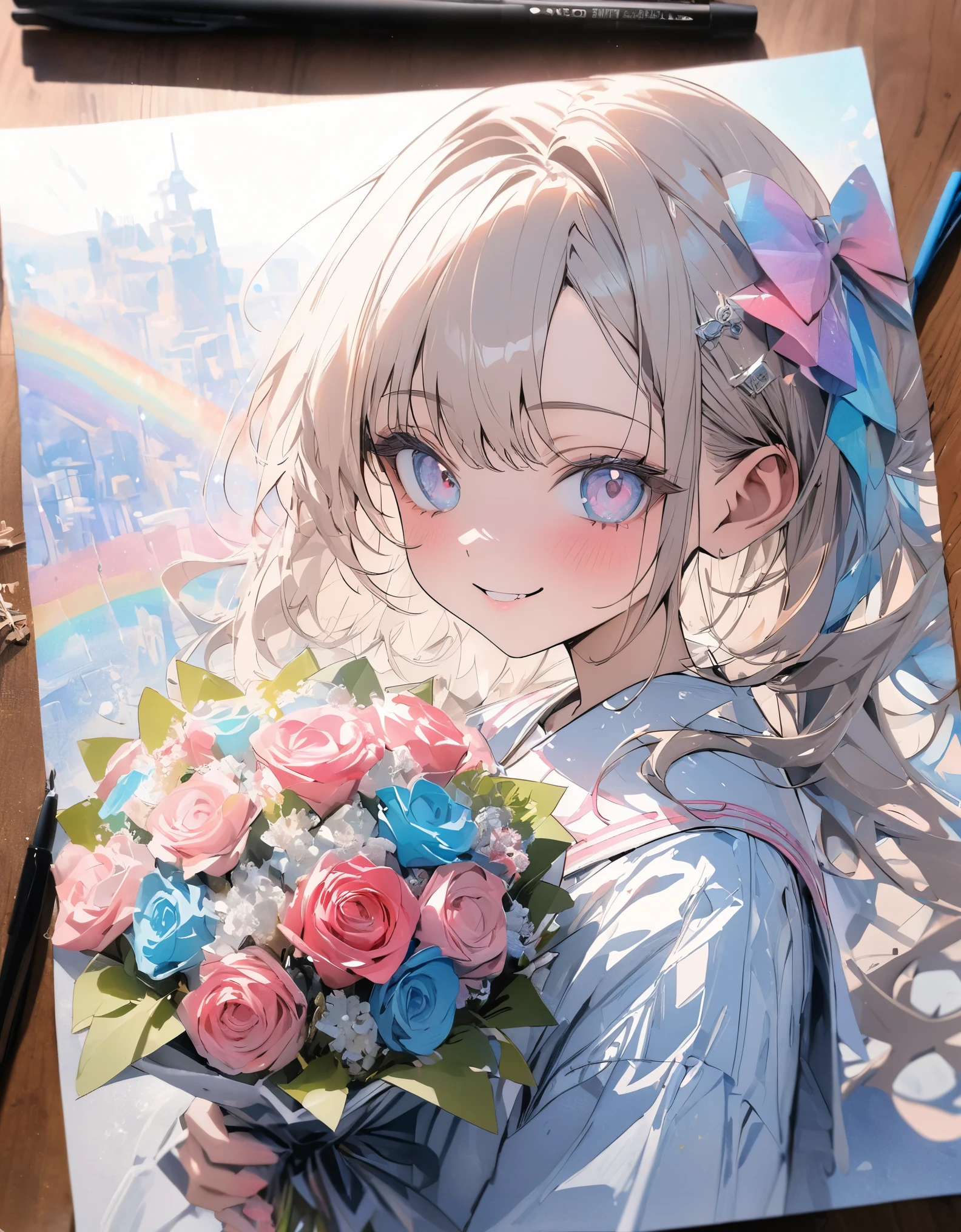 ((Masterpiece)), ((best quality)), ((wide shot)), (super detail:1.2), (High Definition:1.3), ((extremely detailed)), (8K), (Professional Photography:1.2), (very aesthetic:1.2), (absurdres:1.2), perfect anatomy, intricate details, (sharp focus), (perfect light), (drop shadow), ((1girl)), ((cute age girl)), naughty smile, girl presenting a bouquet to a graduate, rainbow glow, pearl glow,tmari, sketch, traditional media, ballpen drawing, (cute cheeks), glossy lips, pouty lips, (lower eyelashes), (detailed background:1.2), psychedelic atmosphere, newest,clear line,