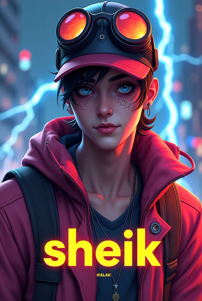 CREATE A FREE FIRE GAME STYLE IMAGE,ALOK MALE CHARACTER, TOPERSON CAP, PARADOX FACE MAKEUP,THE COUNT'S SHIRT, DRAGON'S GOGGLES,lightning background,4K GAME STYLE FREE FIRE SHIRT UP,IN WRITTEN MEDIUM "sheik"