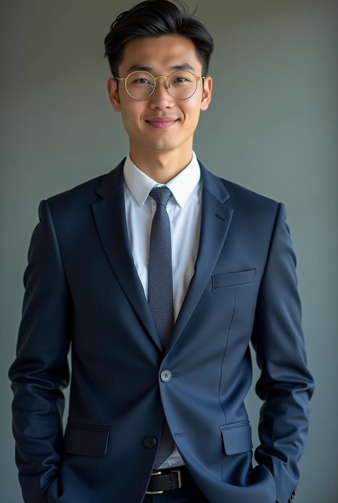 
A young man in his mid-twenties stands confidently, looking directly at the camera with a subtle smile. He wears a tailored, navy blue suit with a slim tie in a subtle pattern. His white dress shirt is crisp and perfectly fitted. On his face, he wears a pair of trendy, round glasses with a thin gold frame, adding a touch of sophistication to his look. His dark hair is styled neatly, and his facial expression exudes intelligence and approachability. The background is a blurred, neutral color, drawing focus to the young man's stylish and put-together appearance.

