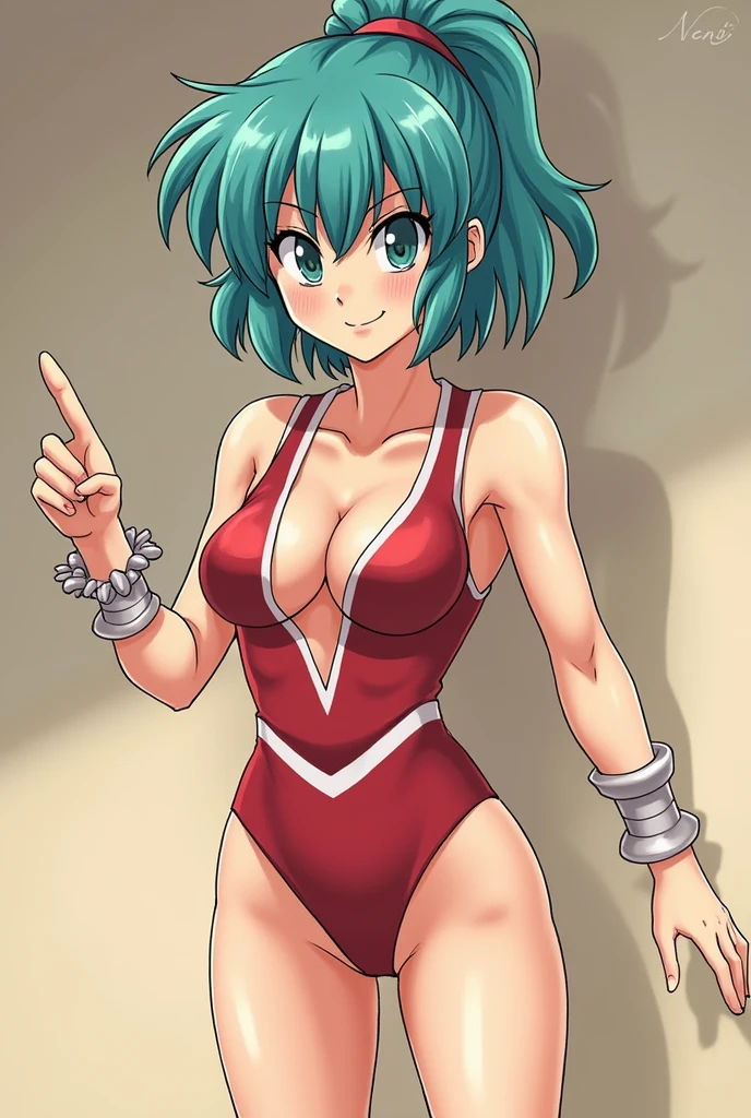 (best quality,4k,8k,highres,masterpiece:1.2),ultra-detailed,realistic,beautiful detailed eyes,beautiful detailed lips,extremely detailed eyes and face,longeyelashes,portraits,red swimsuit with visible stomach, light green hair, short hair,big eyes,blue eyes,red mecha headgear,small breasts,smiling,piscina,sharp focus,vivid colors, full body in frame, at the beach