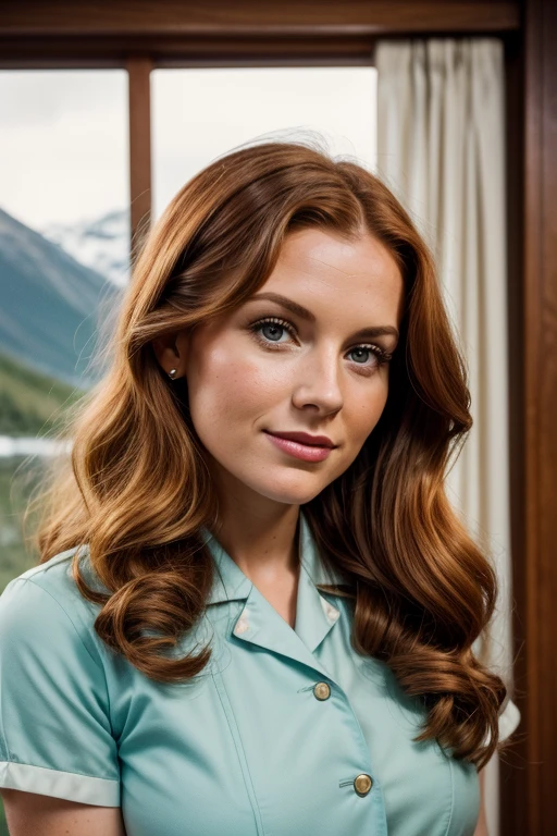Medium view, of young aged, 30 year old, milf, beautiful woman, face portrait, irish features,long hair, ginger hair, 1940s hair style, 1940s nurse uniform, in cozy fjord home 1936,