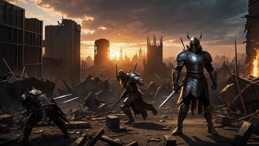 An apocalyptic battle scene, with demons and mythological creatures fighting amidst a ruined city. En el centro de la imagen, a warrior stands out, with steel armor and a flaming sword.