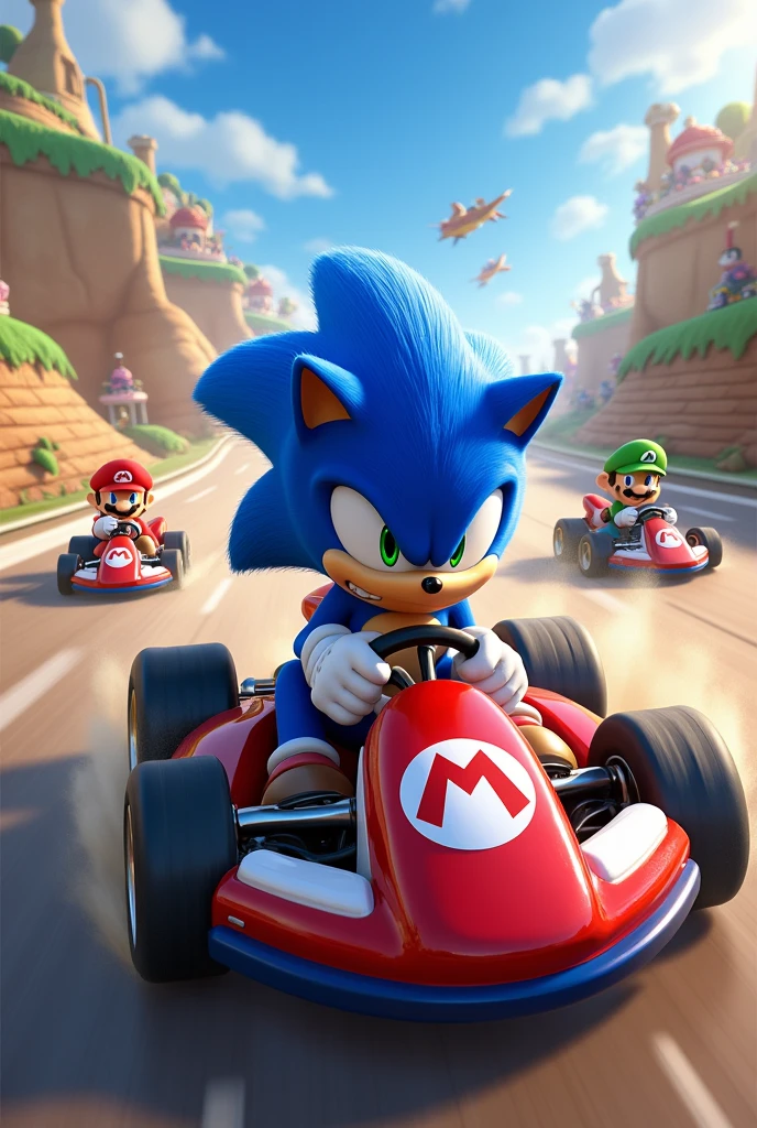 Sonic playing Mario cart