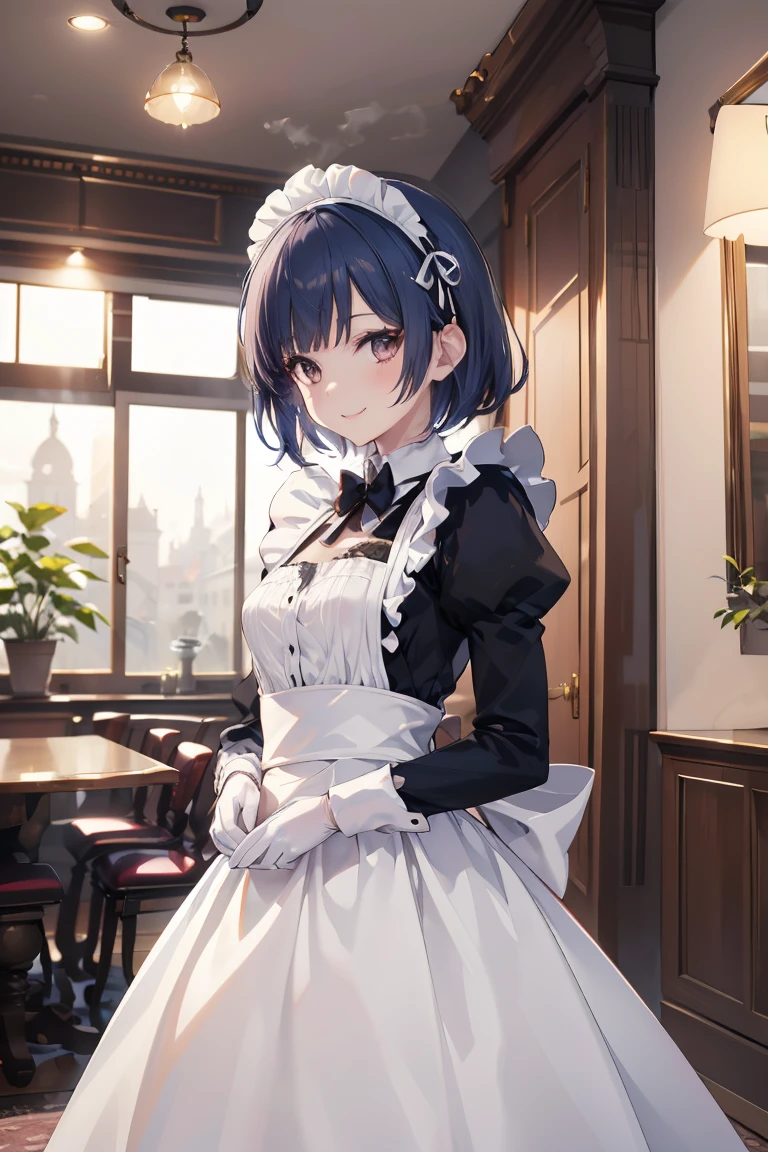masterpiece, best quality, absurdres, score_9, score_8_up, score_7_up, source_anime, 1girl, deep brown eyes, room, wariza, Bright blue hair, Short Bob Hair, happy face, portrait, solo, Adult woman, medium breasts, best perfect anatomy, Pose with hands tucked behind ears, Cheek resting on hand, cafe, indoors, window, crowd, standing, steam, looking at viewer, cat kitten ears headband, (maid), full body, bow, Long-sleeved, (antique brooch), white format gloves, dynamic angle. perfect dynamic composition, upper body, smile, shooting up close, shooting from the side, hanging light, ceiling light, Cinematic lighting, potted plant, background: cafe,