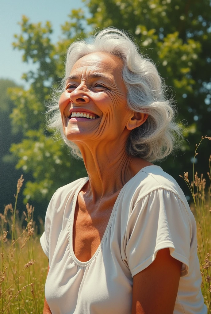A grandmother from Caxias do Sul smiling in the sun, realist art