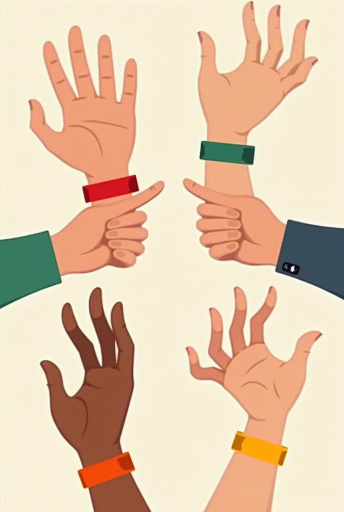 4 animated hands, with patient identification bracelets, red in color, green, Orange and yellow, one in each hand, other