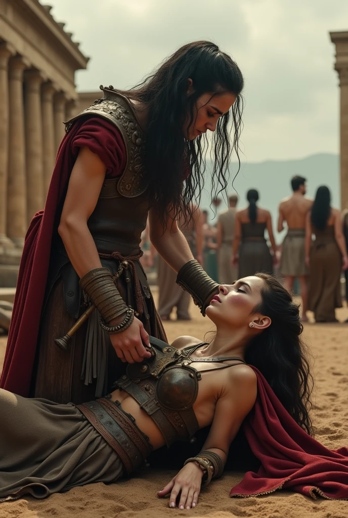 Realism, super quality, action battle photo style, defeated woman standing on her knees, her son is holding the the tip of the sword against woman's throat, stabbing her in the throat, her head is thrown back, woman has large masculine Adam's apple, (woman is a 30-year-old warrior, feminine face, throat cut, gothic makeup, pale skin, long hair) (son is 12-years-old) ancient Greece fight