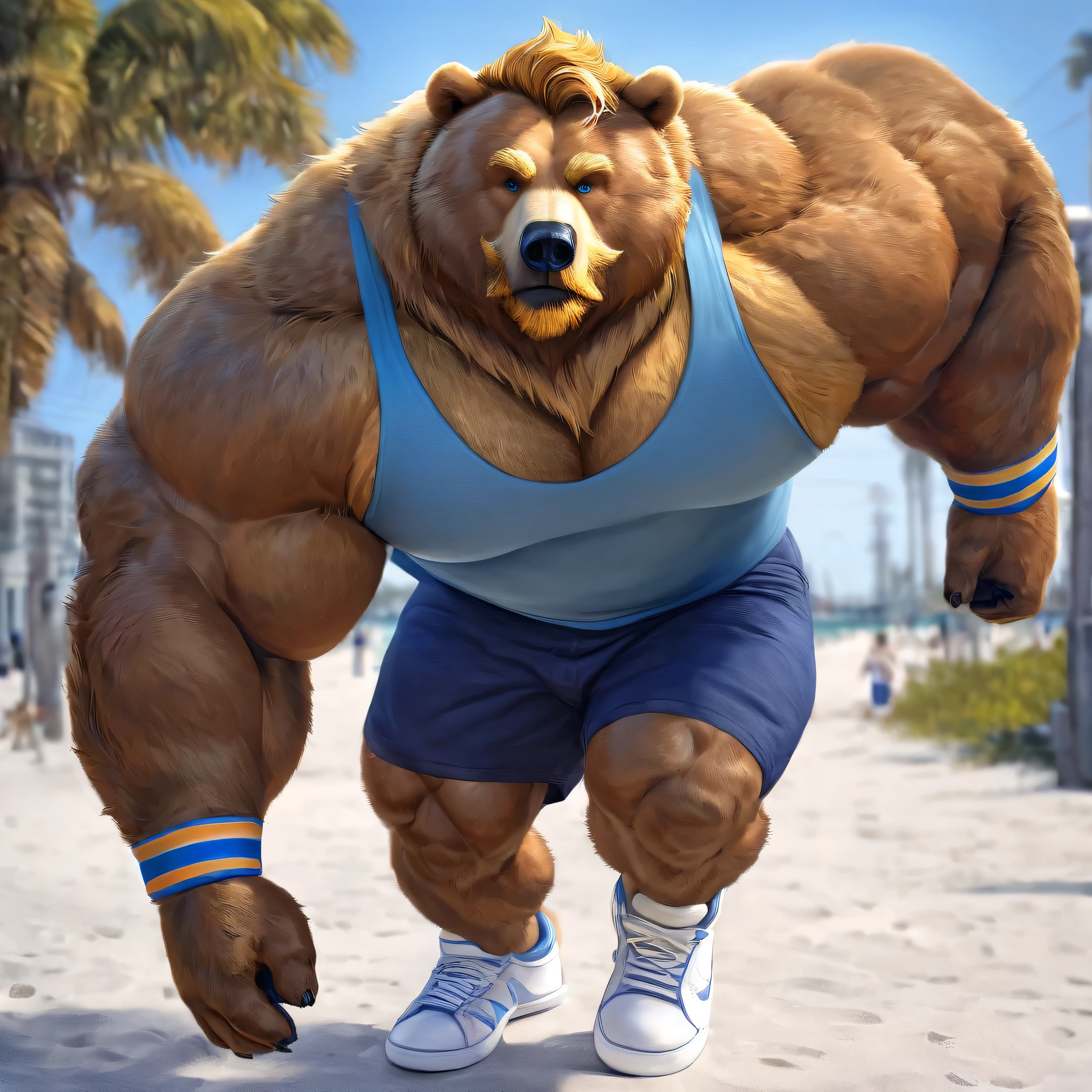 huge muscular Eurasian brown bear in St. Petersburg beach, big smirk, light Eurasian bear, huge light brown fur, thick arm, huge arm, golden mustache, short Golden hair and beard, (muscular, pectoral, wide pectoral, thick arms), realistic, 8k, masterpiece, detailed golden eyebrows, detailed eyes with blue pupils, (wearing dark blue shorts, wristbands, light blue tank top and white shoes), bouncing his pecs like a drum