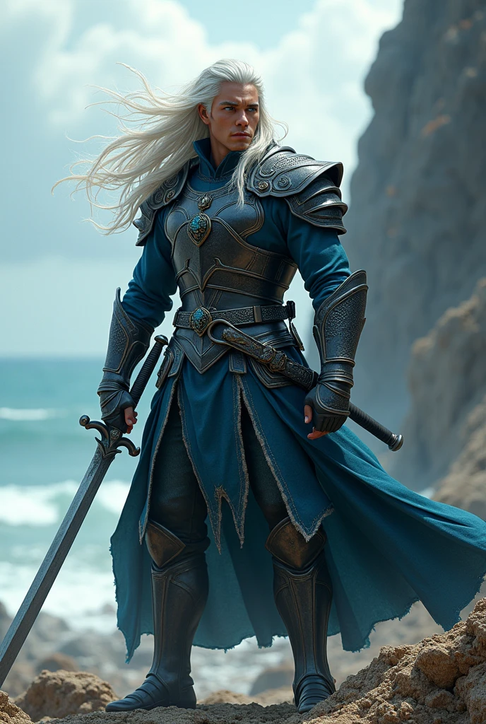 swordsman with white hair and eyes as blue as the sea