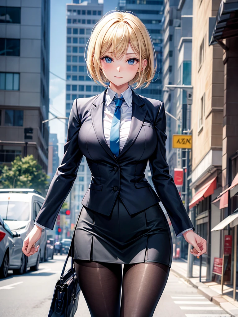Anime style, super fine illustration, highly detailed, beautiful detailed, perfect detailed, super high quality image, static representation, gentle expression, happy expression, the pretty image, super stylish, 8k, pretty 1girl with blonde straight short hair & blue eyes & a bright smile & full bust & soft fair skin is a career woman supervisor who is not to show her skin wearing big light blue business shirt & black summer tailored jacket & black tight skirt & black pantyhose on the urban business buildings street, in the morning, solo, perfect fingers, no more fingers, no less fingers, perfect arms, no more arms, perfect legs, no more legs, no more hair, masterpiece.