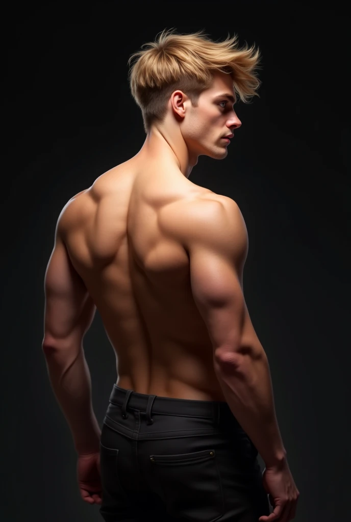 Realistic drawing of a young man from behind, shirtless, looking in profile, rubio, fit, dark background