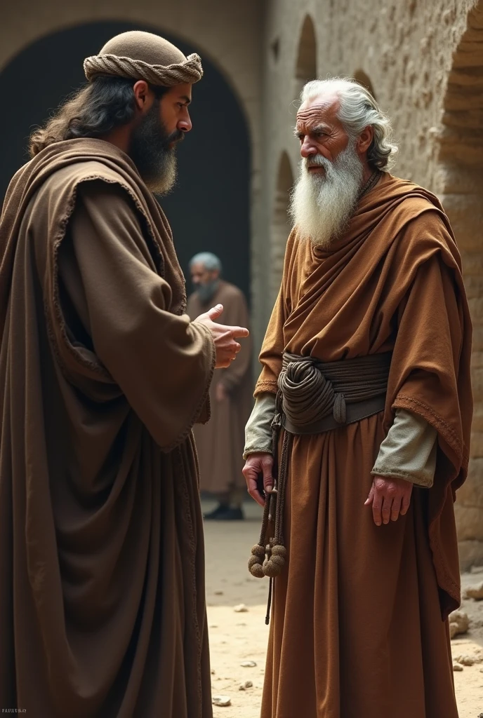 creates an image of a messenger telling an old man with a beard bad news. This man has an expression of despair and both wear clothes from biblical times.