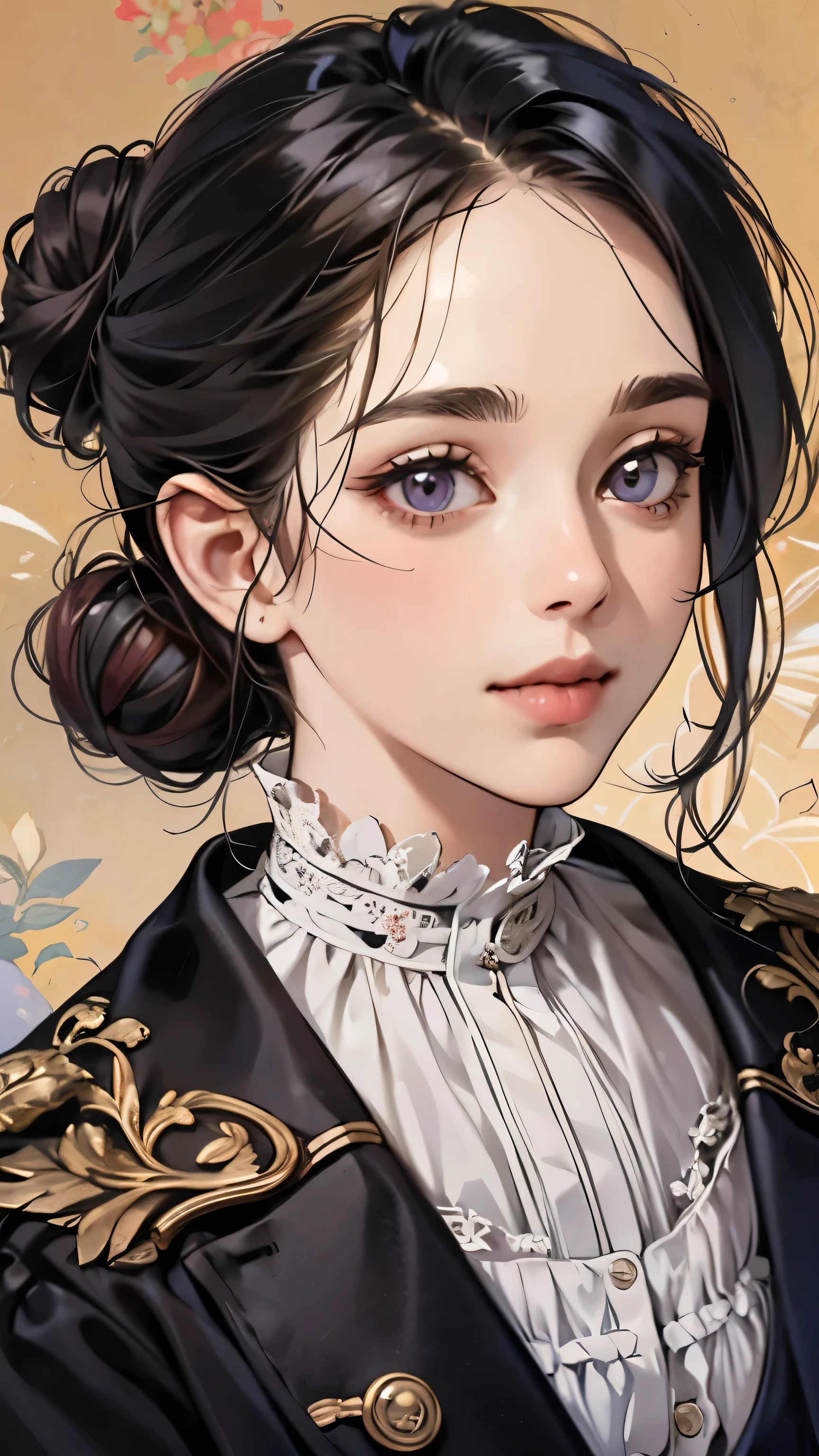 masterpiece, Highest quality, Realistic, Mature Woman, cute, Age 25, Mouth closed, Portraiture, Highly detailed face, A kind smile, (Deep purple eyes), ((Bunched black hair), ((bangs)), [Thin eyebrows], ((Victorian era women&#39;Clothing)), ((Cream Cross)) No makeup, A light smile, Redness in the ears, A slight blush, short eyelashes, 4K, whole body