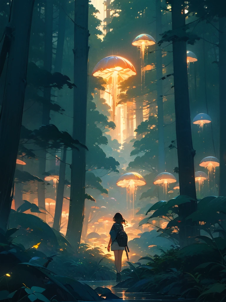 Magical forest, tropical forest, holy forest, white lighting tree, lush trees, masterpiece,