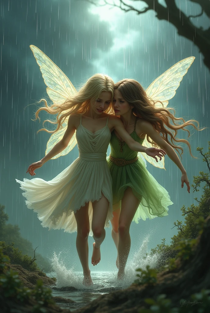 A fairy with a long blonde hair need help with a teary eyes in storm and the fairy with a brown long hair saved her
