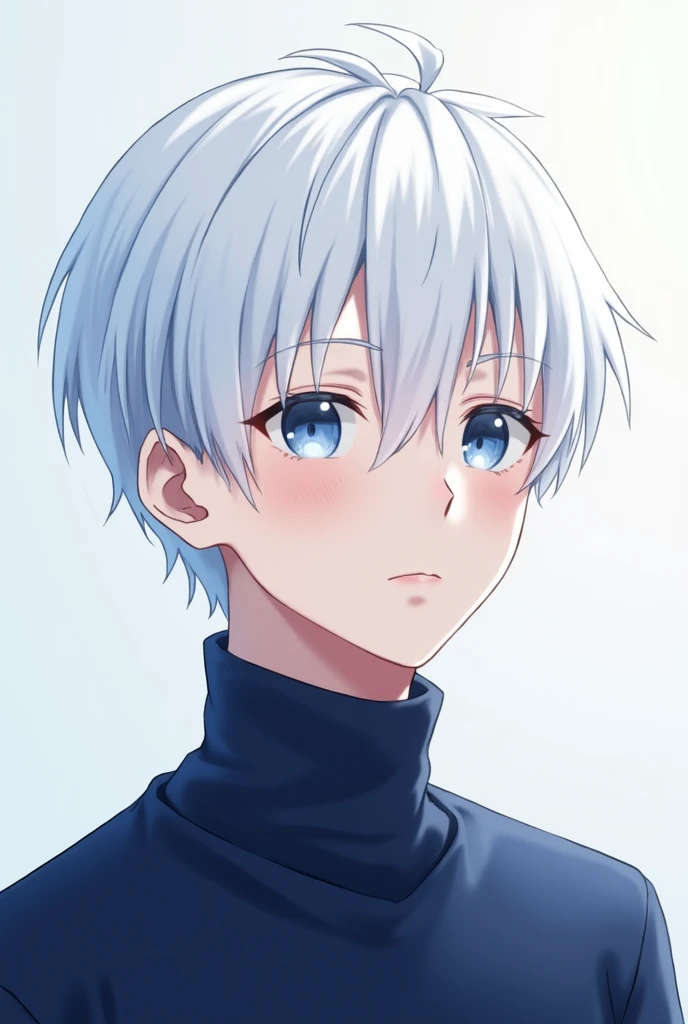Create the image of a young man with white hair, large, expressive eyes, and soft features, inspired in anime style. The character must have an innocent and thoughtful appearance, with a clean or subtle background. The color palette should be soft, highlighting shades of light blue and white. He wears a dark blue turtleneck.. The overall style should be reminiscent of anime characters., with delicate details and striking expressions.