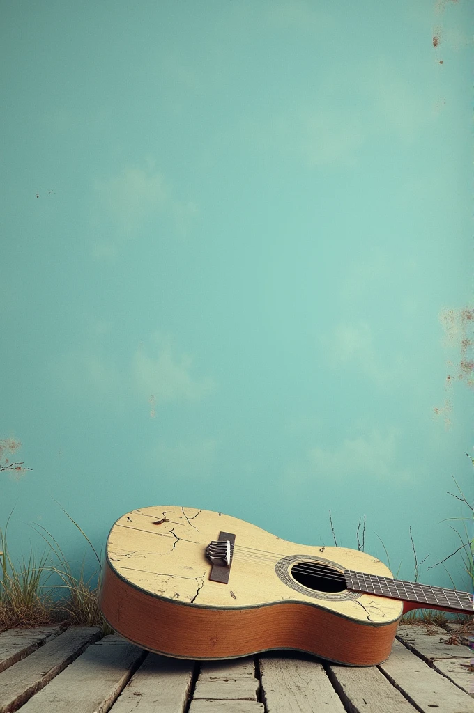 Sky blue vintage background with a broken guitar at the bottom of the image