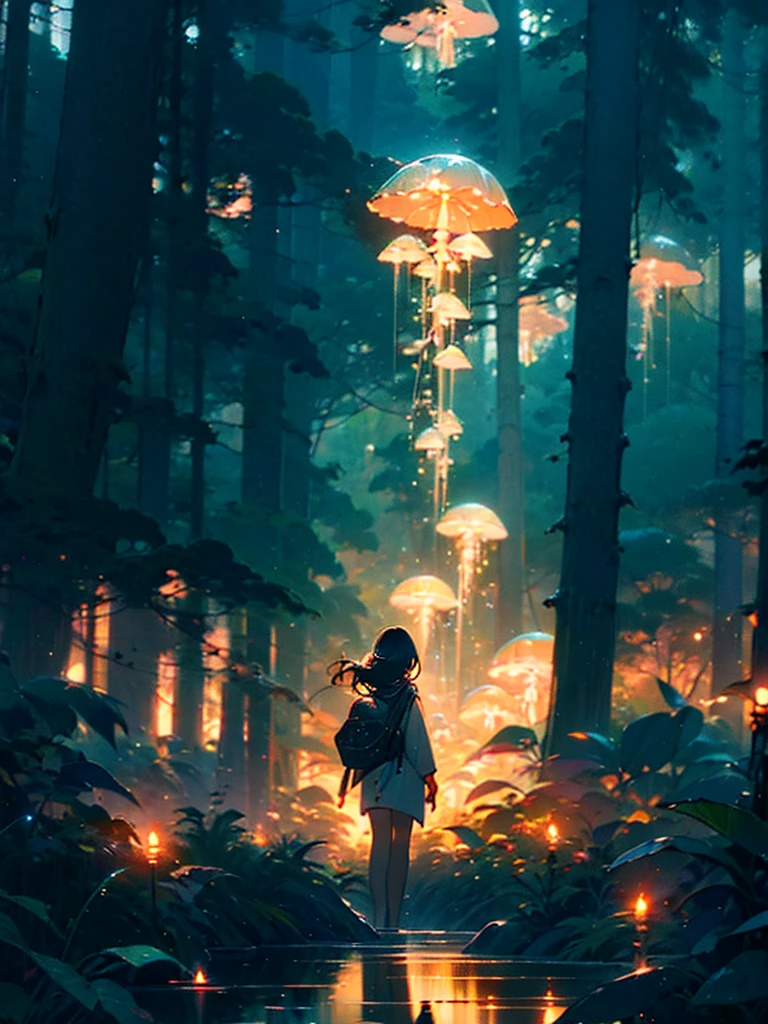 Magical forest, tropical forest, holy forest, white lighting tree, lush trees, masterpiece,