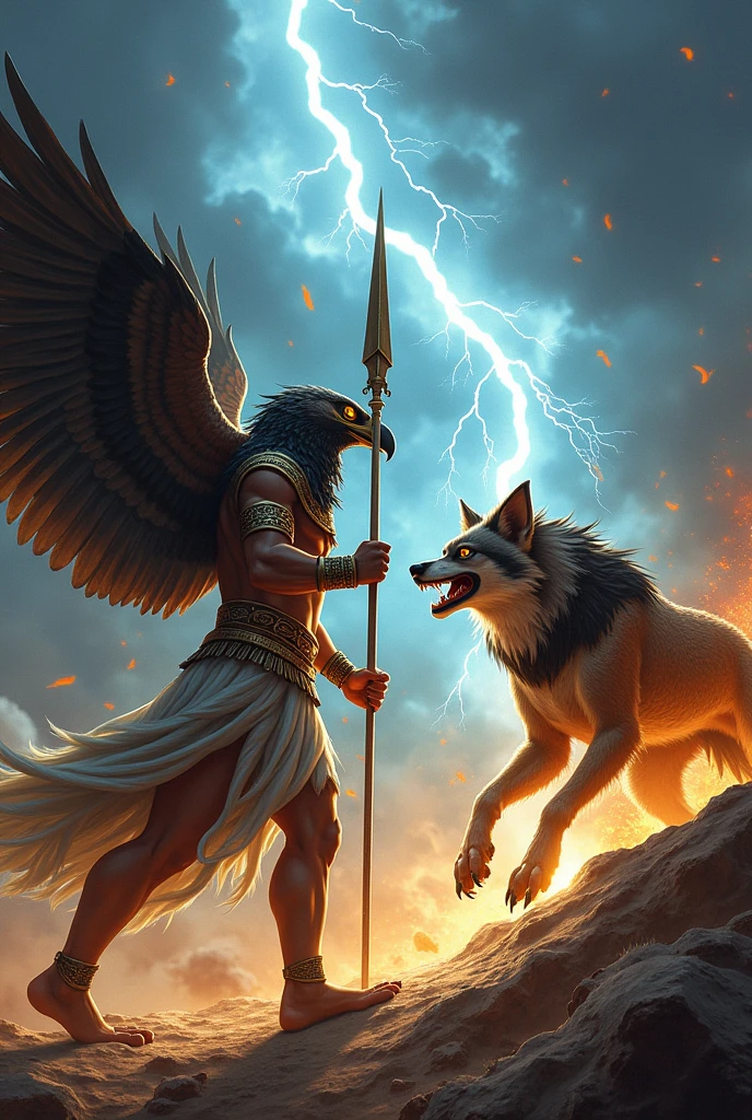 Illustrates an epic battle between Horus, Already an adult, y Seth. Horus should be represented with the head of a falcon, wielding a spear, while Seth, with the appearance of a jackal, faces it. The background may include a stormy sky, reflecting the intensity of the combat