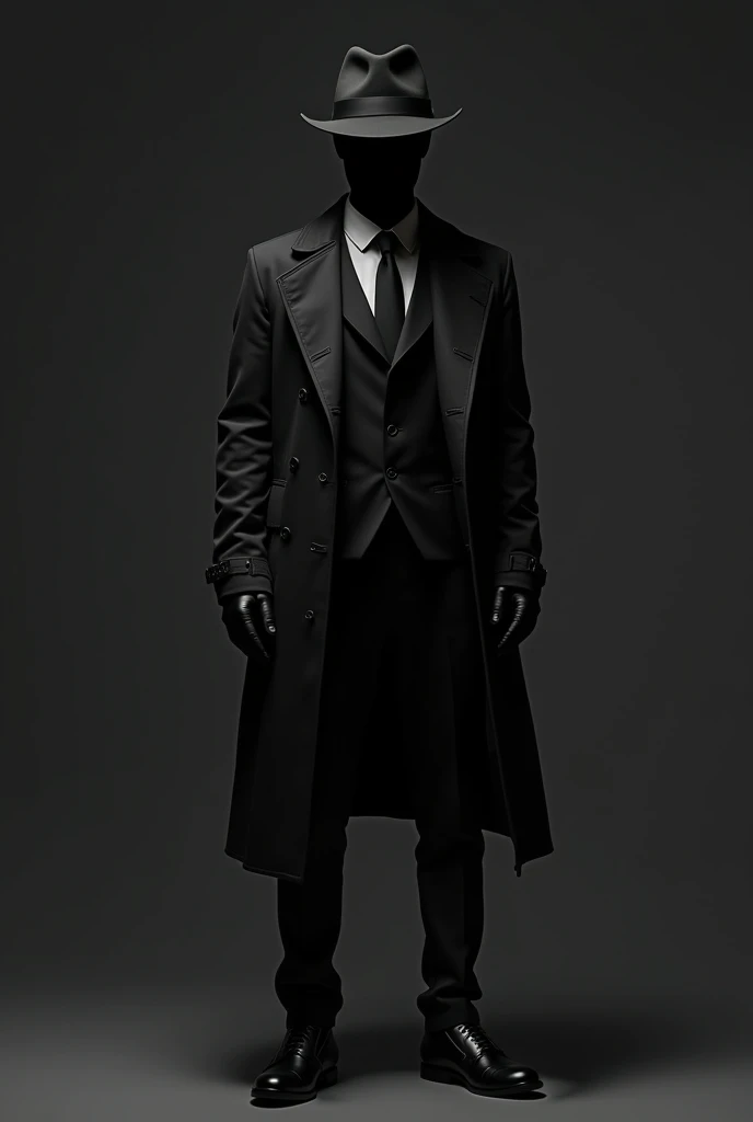 A man wearing a black suit and black tie and a black trench coat and is also wearing black pants and black shoes and a black fedora and has a black mask that fully covers the head and face leaving no trace of the face and is also wearing a white collar and is also wearing black gloves