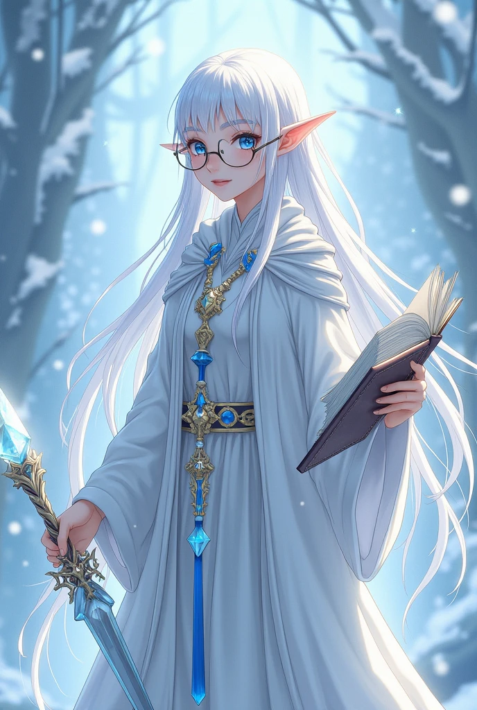Create an pallid elf woman named Weiss Winterfall. She is a 1 girl with long white hair, snow-pale skin, icy blue eyes, and glasses. She is also a Chronurgy wizard who wields a crystal dagger on her side. She also has an open spellbook in her right hand and a crystal blue wand in her left. Weiss also lives in a country full of snow and ice. She also has smaller elf ears. Draw her in the Yamada and the seven witches anime style.