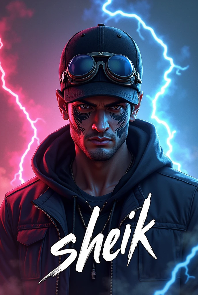 CREATE A FREE FIRE GAME STYLE IMAGE,ALOK MALE CHARACTER, TOPERSON CAP, PARADOX FACE MAKEUP,BLACK COUNT SHIRT, DRAGON'S GOGGLES,lightning background,4K GAME STYLE FREE FIRE SHIRT UP,IN WRITTEN MEDIUM "sheik",ROSTO DO ALOK DE FREE FIRE