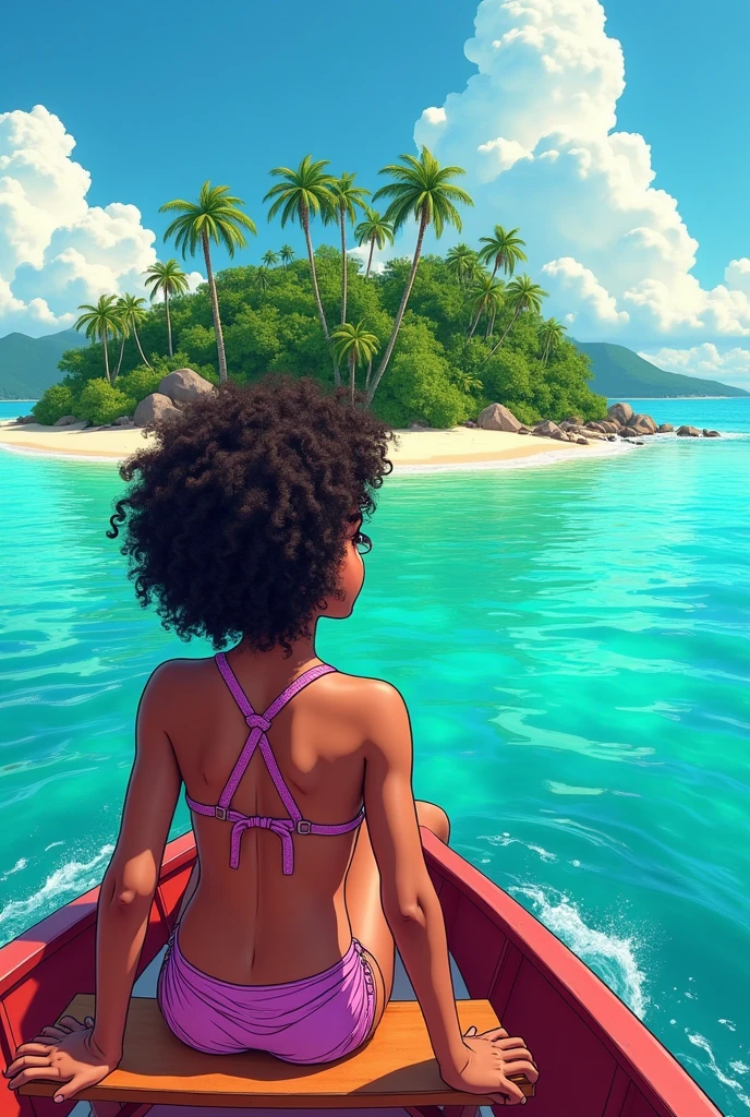 A young teenage girl with tanned skin, yellow eyes and curly curly hair leaving an island inside a small boat, she is looking back saying goodbye to the island, the island has a beachfront and lots of forests in the center, The sea water is crystal clear, she is wearing pink havaianas, I want vibrant and very eye-catching colors, comic book style.