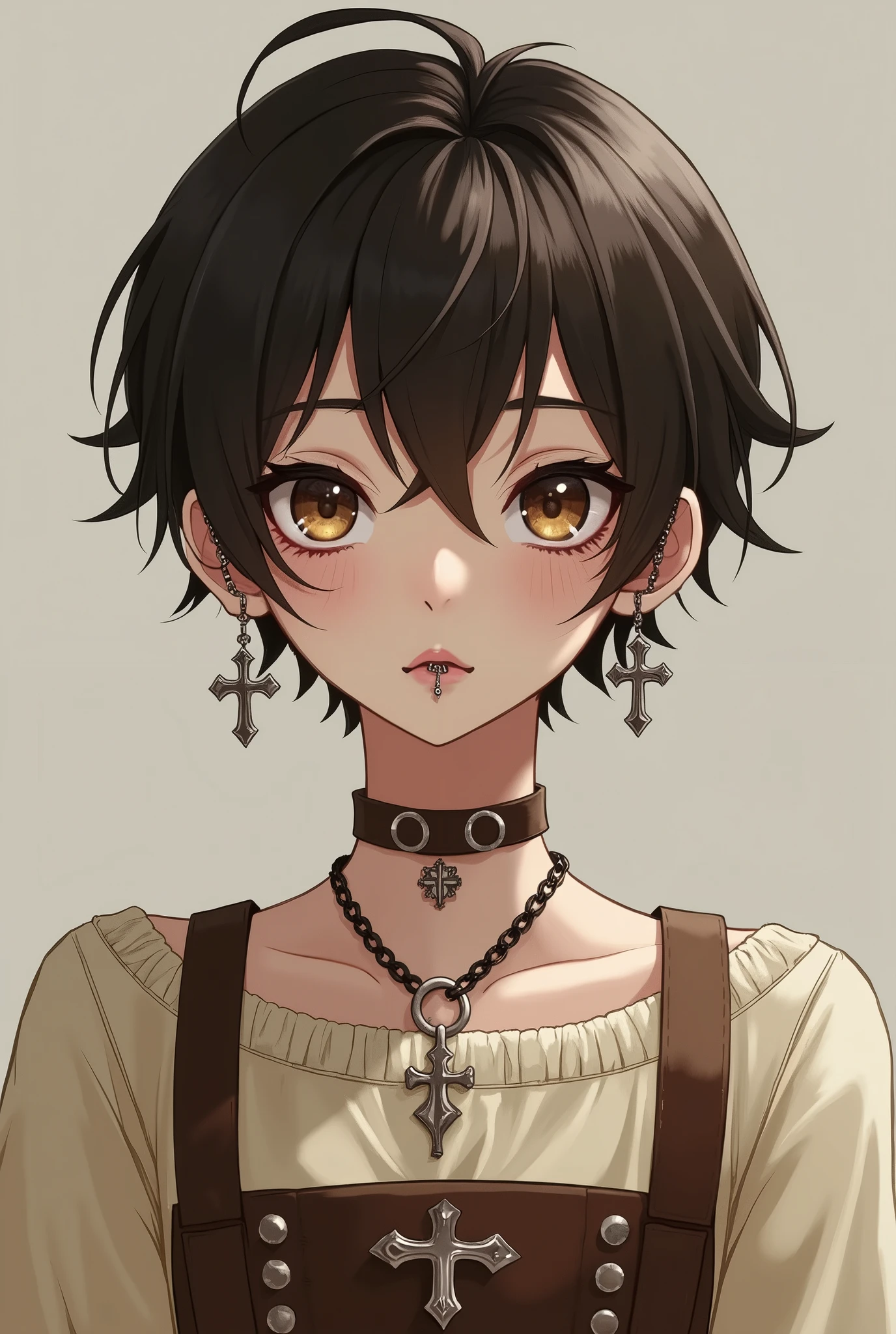 Create me as a character. I am a non-binary person. Tenho 1,60 tall. I have very short brown hair like a boy's. the hair is parted in the middle, bent back. My eyes are light brown, I have fair skin. I wear 2 piercings in my nose and 3 in my mouth and silver earrings in the shape of a cross.. I wear a very peasant beige dress with a brown corset