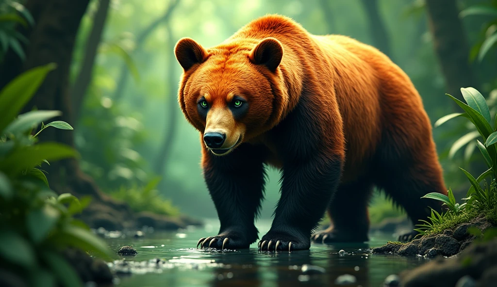 bear captured in a lush green jungle, the bear is in the middle right of the photo, lively gaze, with a reflection of water. photo of the bear seen from a distance, head down and looking straight ahead, the bear's fur is a bright orange and black, with a lively gaze and striking green eyes. The image is sharp and detailed, creating a sense of depth and focus on the bear, breathtaking images, high definition. (ultra realistic) extreme details, (best quality, 4k, 8k, high resolution, masterpiece: 1.5)