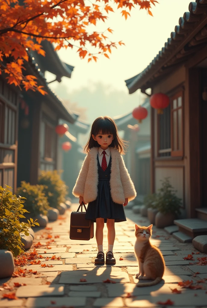 Beijing Hutong，35mm lens，Multiple angles，CountrySide scenery，Suburban，Back，Side，silhouette，Overhead shot，Cat，Standing，Doll，Carrying a small school bag，Tram，Beijing，Autumn woods，Wooden house，Platform， cloak,Ruan Jia,Suit,tie, (Delicate face), (Fine fluffy fur)，（35mm Cinema Lens），（Multi-angle shooting），（many viewing angles）