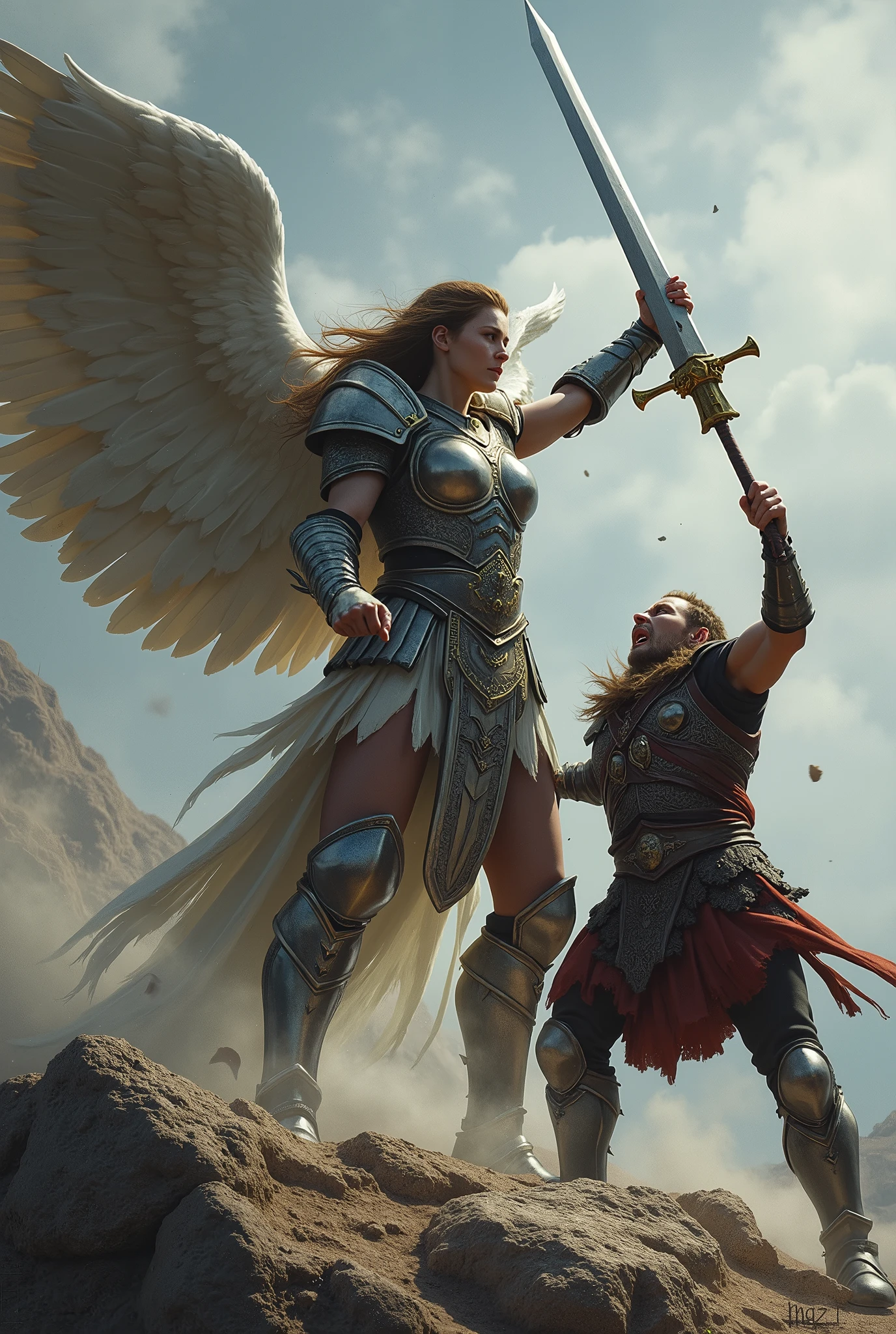 a valkyrie with a sword in her hand striking a warrior in the leg, making him legless in semi realistic concept art style, in the image you can see the two people involved
