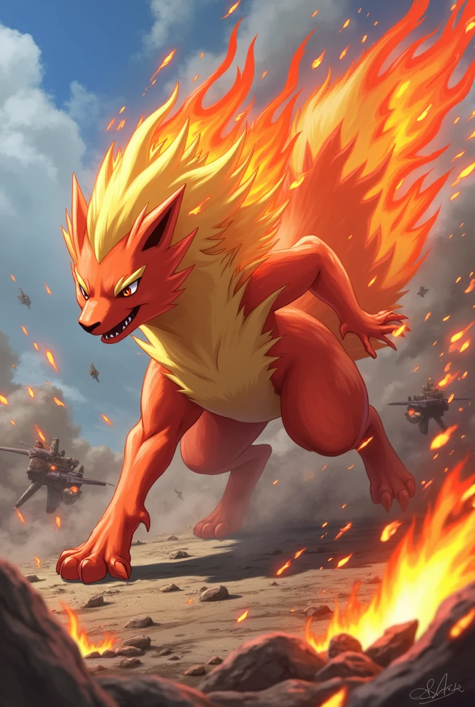 a cartoon picture of a bunch of people with fire coming out of them, fire type, fiery battle coloring, pokemon art style, pokemon fighting at world war 2, pokemon anime style, fire punch, official art, intense battle, fire powers, illustration pokemon, buizel and human fusion, fire fight, official artwork, brittney lee, pokemon style