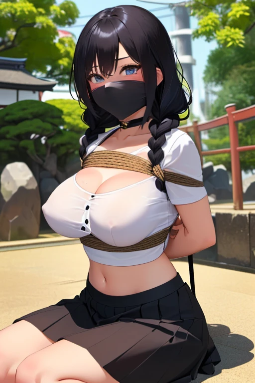 1 girls, (detailed light blue eyes, longeyelashes, detailed beautiful face:1.2), 4k quality, (Long black hair:1.5), (arms behind back:1.4), (big breasts:1.5), (blushing:1.3), (very long hair, Hair in the face, two strands in front of hair, two small braids to the back:1.4), (black skirt, White cropped shirt, Breast carrier, Side chest, cowgirl, black rope:1.7), (Bondage:1.4), (full breasts, narrow waists, wide hips:1.3), OTN, White Gag, gagged, (sitting:1.7), (sitting on the ground somewhere in Japan, camera Close to face:1.6)
