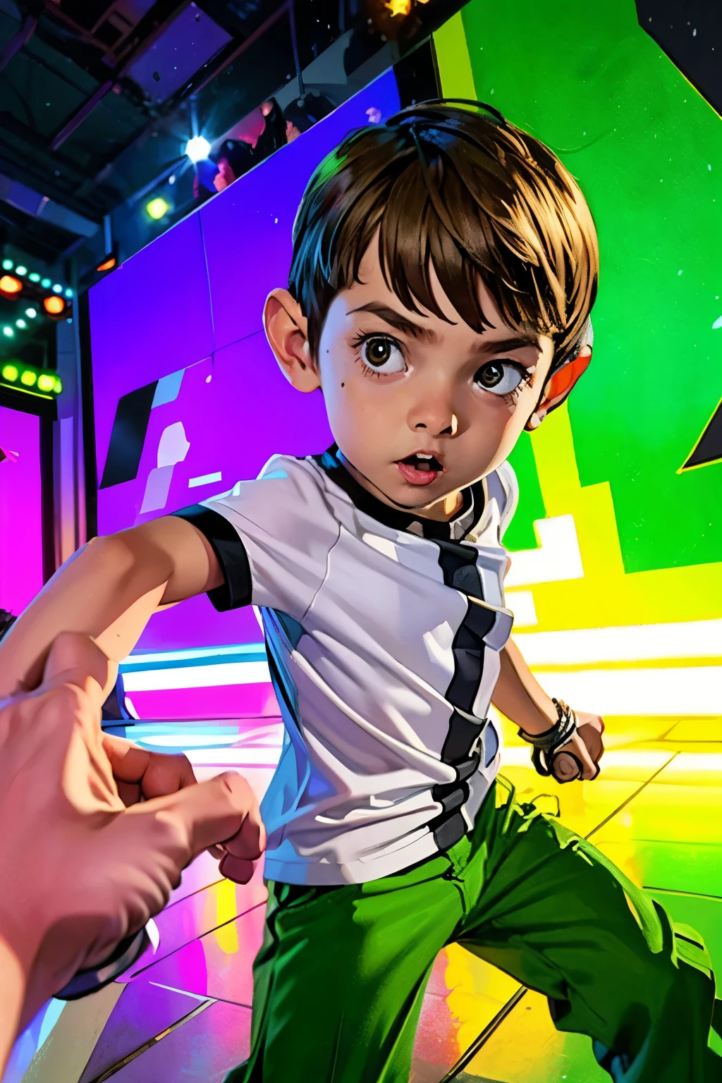 Movie poster, Ben 10 (((, 4yo )))rown eyes, (((wearing a white outfit with black stripe in the center, green pants))) , showing fist. (Omnitrix on arm)) . (Action facial expression ) . highy detailed, face detailed, realisitic, cinematic lighting, studio quality, proffesional, face detailed, intrikate, bright coloured. ((abstract lighting background)).