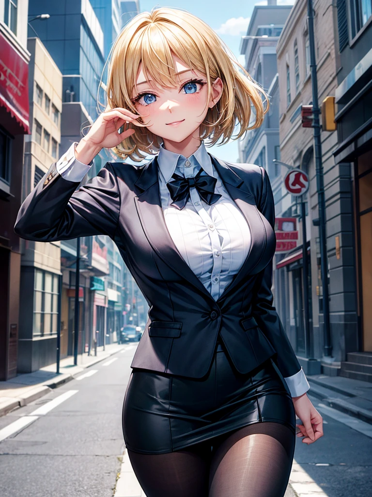 Anime style, super fine illustration, highly detailed, beautiful detailed, perfect detailed, super high quality image, static representation, gentle expression, happy expression, the pretty image, super stylish, 8k, pretty 1girl with blonde straight short hair & blue eyes & a bright smile & full bust & soft fair skin is a career woman supervisor who is not to show her skin wearing big light blue business shirt & black summer tailored jacket & black tight skirt & black pantyhose on the urban business buildings street, in the morning, solo, perfect fingers, no more fingers, no less fingers, perfect arms, no more arms, perfect legs, no more legs, no more hair, masterpiece.